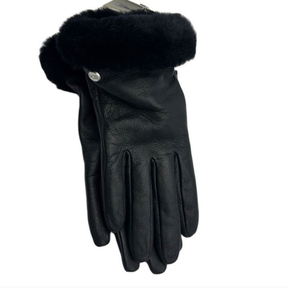 UGG Womens Shearling-Trim cuff Black leather Shorty Gloves Size Large - Picture 7 of 12
